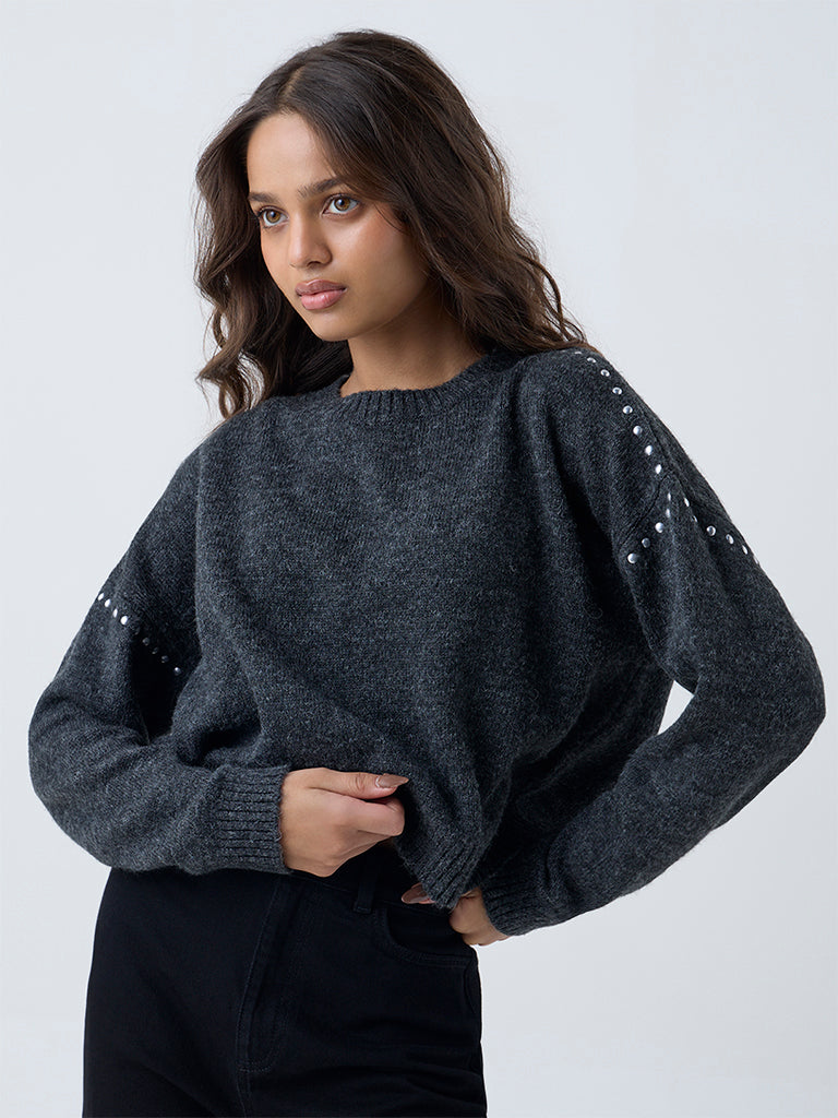 LOV Grey Stud-Detailed Sweater