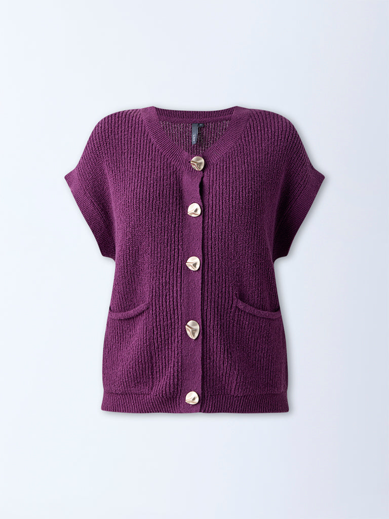 LOV Purple Self-Striped Cotton-Blend Cardigan