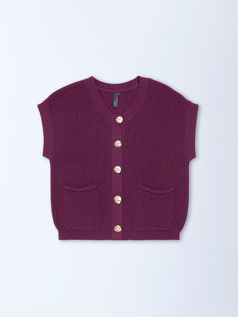 LOV Purple Self-Striped Cotton-Blend Cardigan