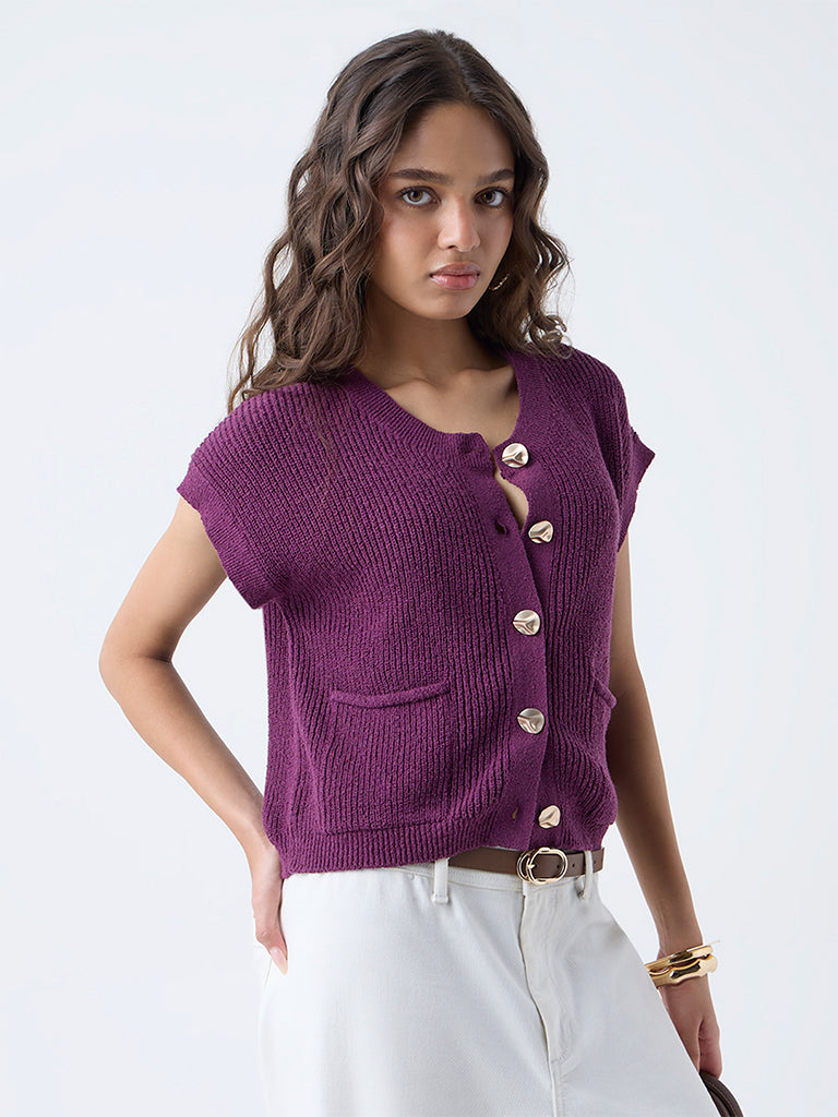 Buy LOV Purple Self-Striped Cotton-Blend Cardigan from Westside