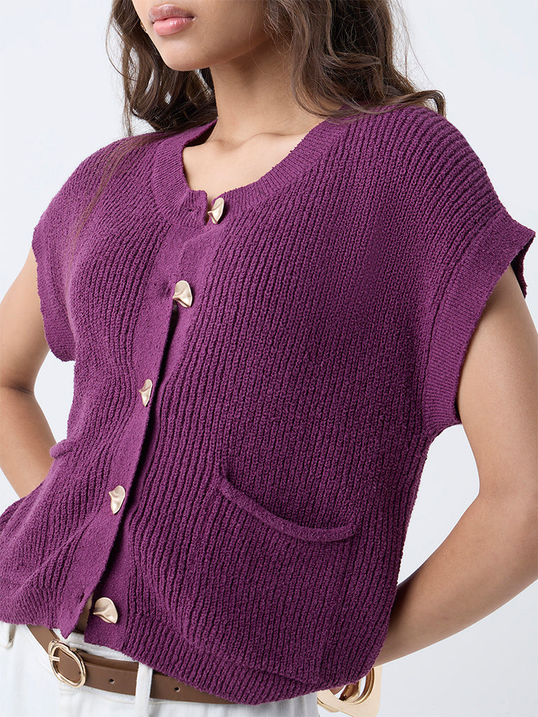 LOV Purple Self-Striped Cotton-Blend Cardigan