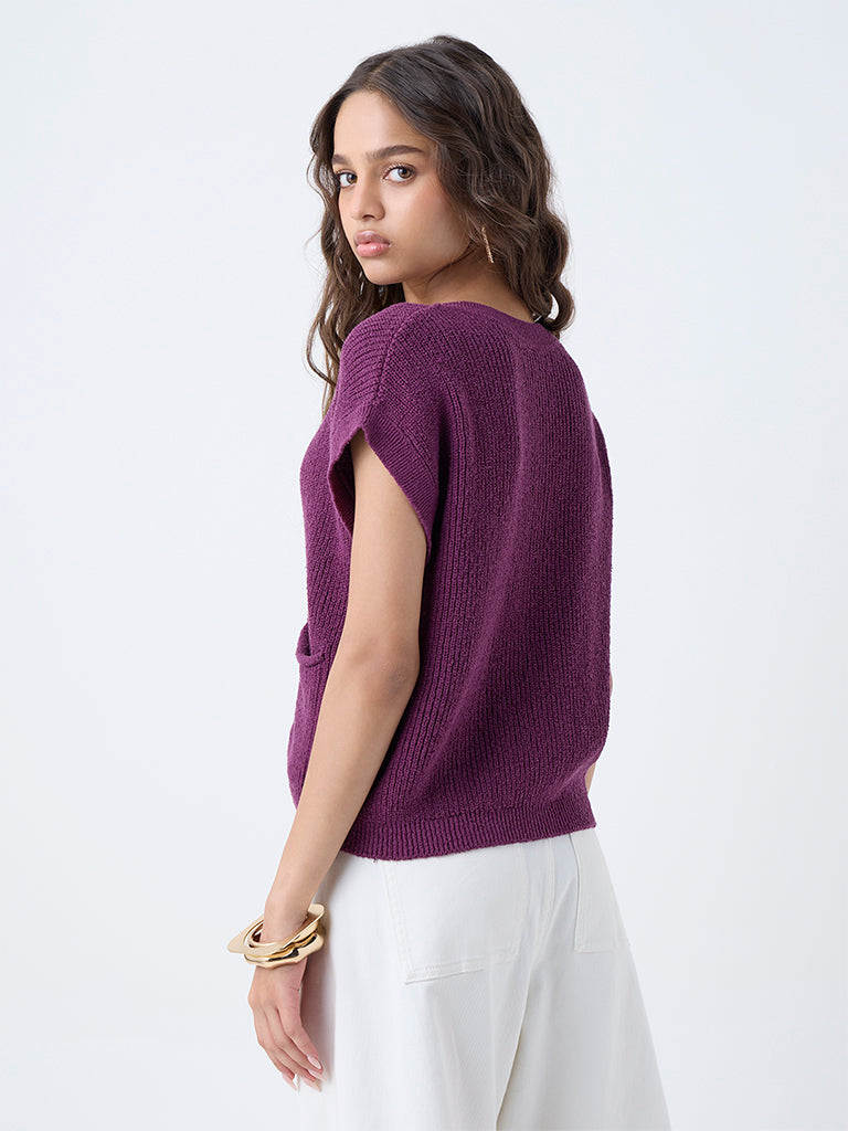LOV Purple Self-Striped Cotton-Blend Cardigan