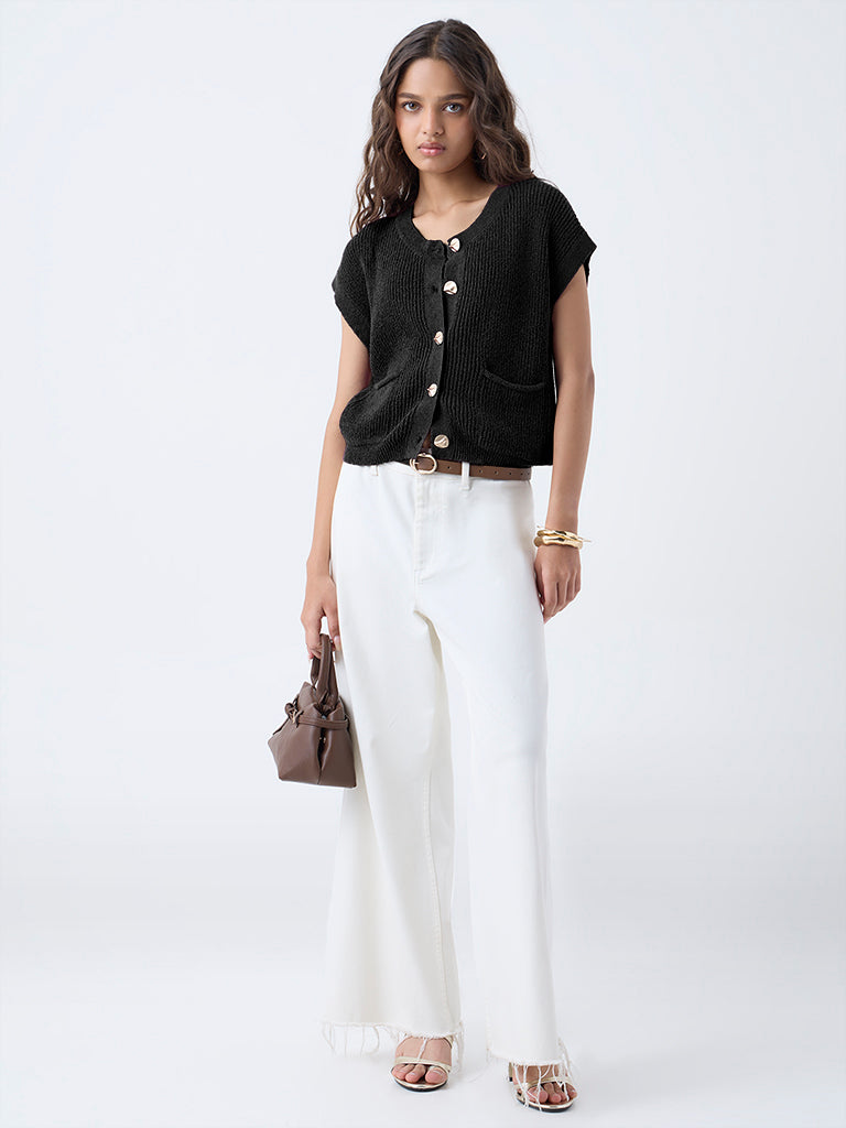 LOV Black Self-Striped Cotton-Blend Cardigan