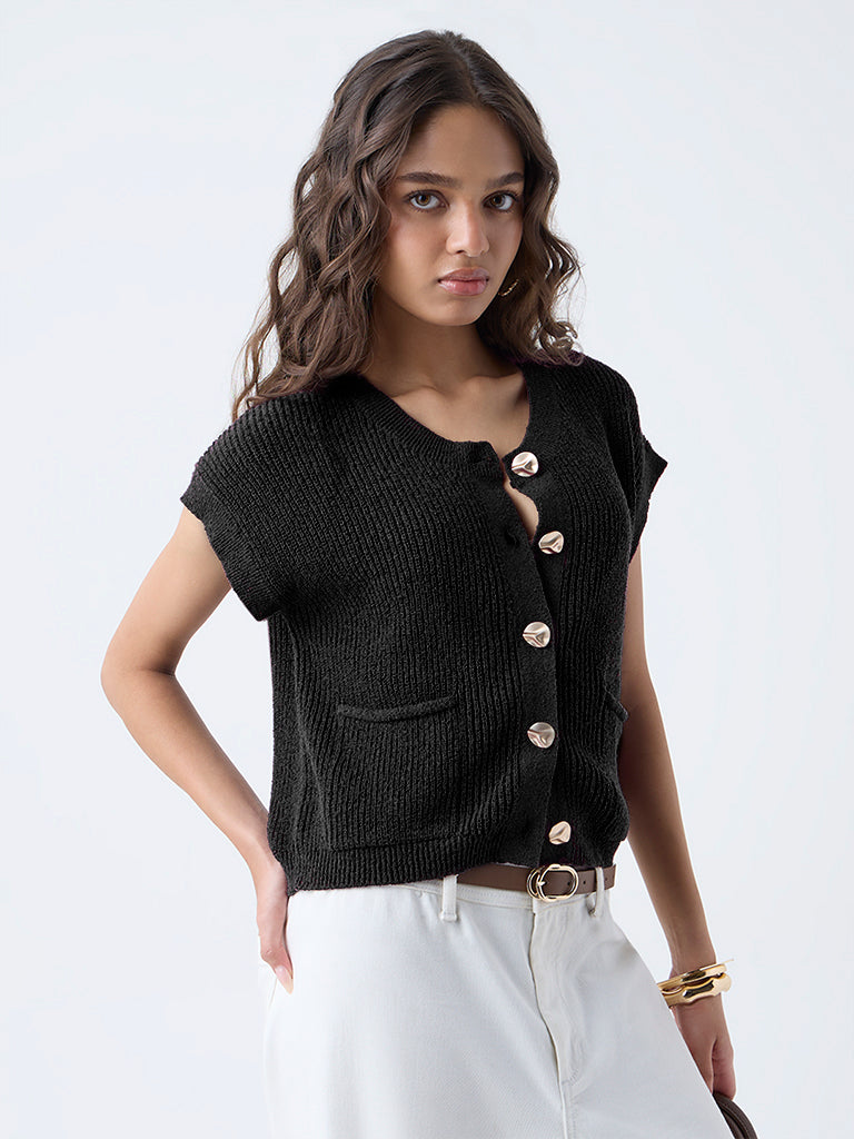 LOV Black Self-Striped Cotton-Blend Cardigan