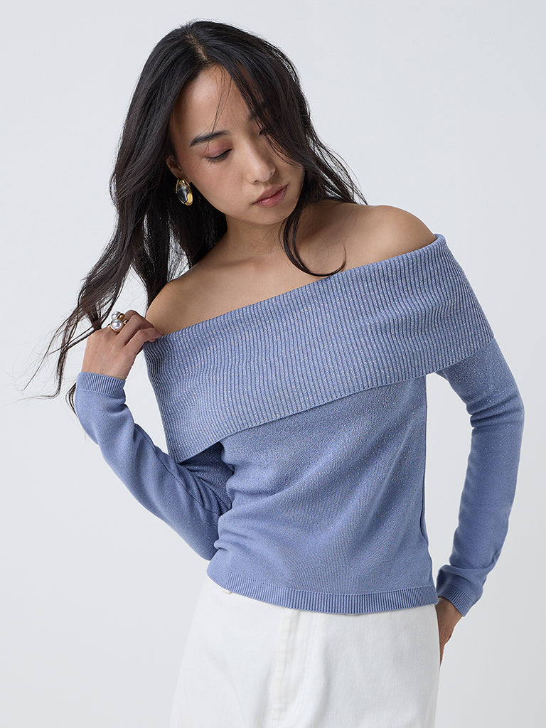 LOV Dusty Blue Knit Textured Off-Shoulder Top