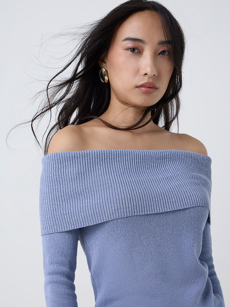 LOV Dusty Blue Knit Textured Off-Shoulder Top