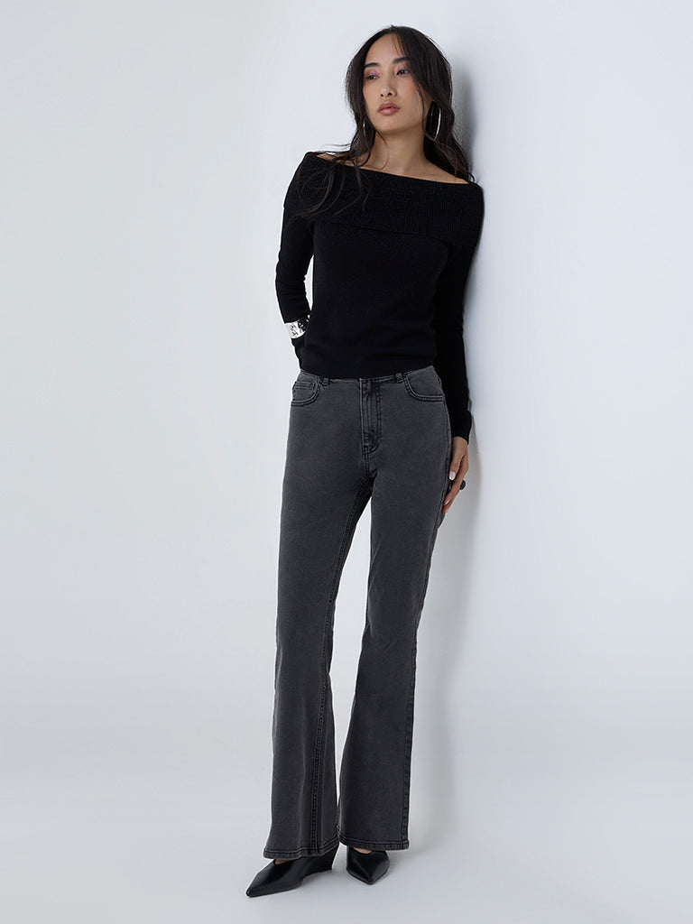 LOV Black Knit-Textured Off-Shoulder Top