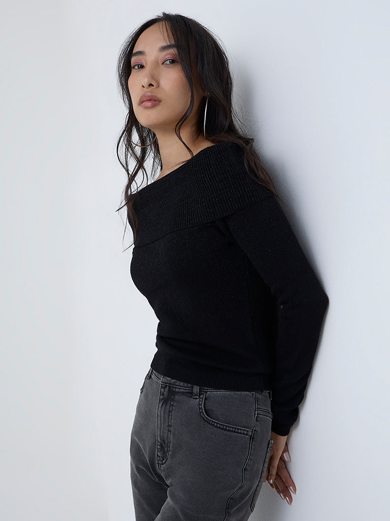 LOV Black Knit-Textured Off-Shoulder Top