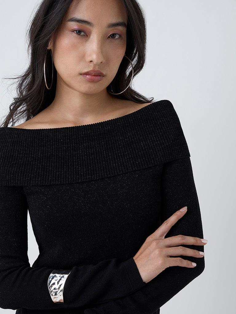LOV Black Knit-Textured Off-Shoulder Top