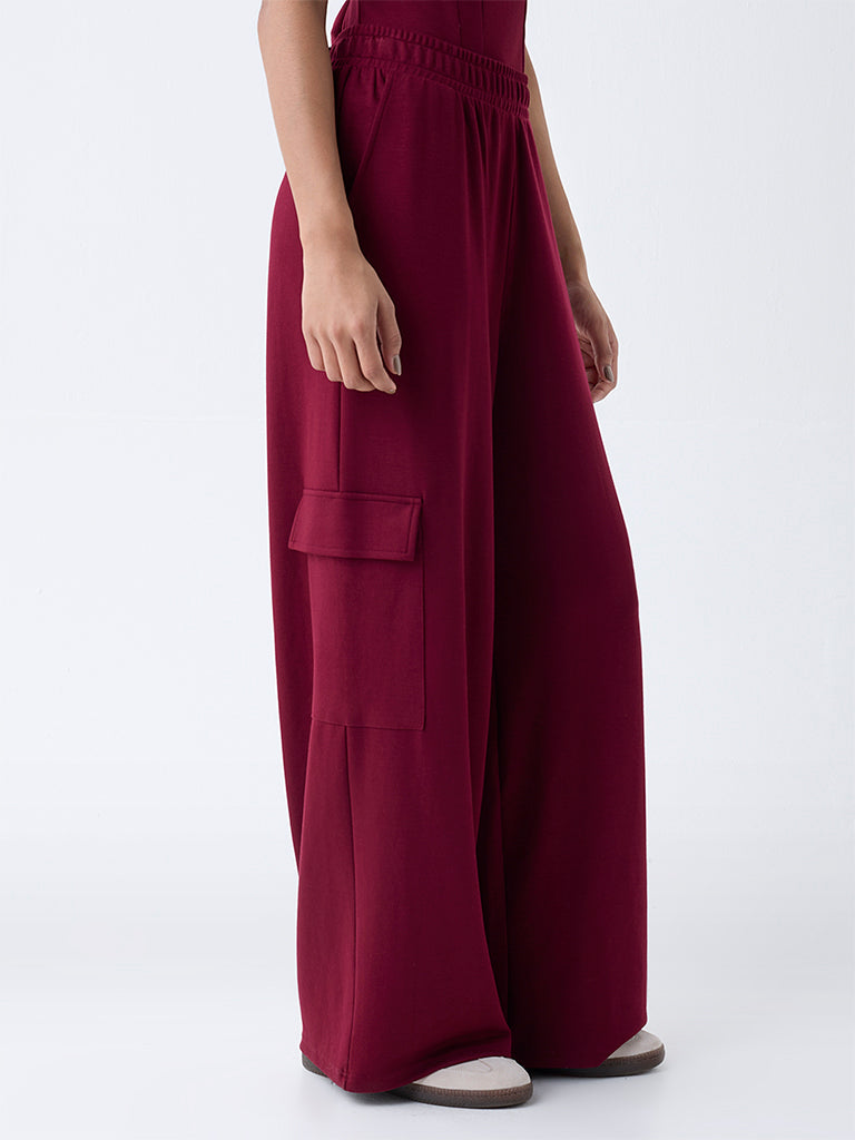 LOV Burgundy Solid High-Rise Pants