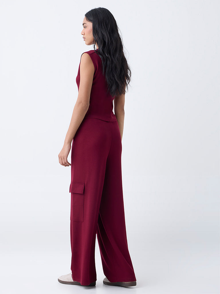 LOV Burgundy Solid High-Rise Pants