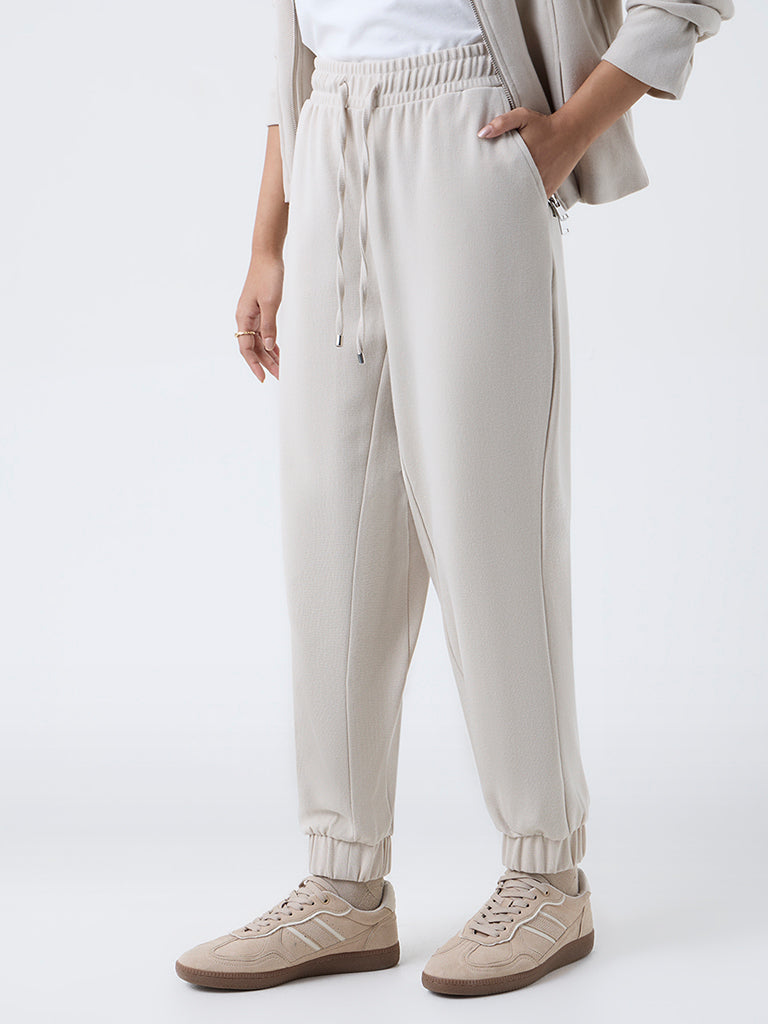 LOV Beige Solid High-Rise Joggers