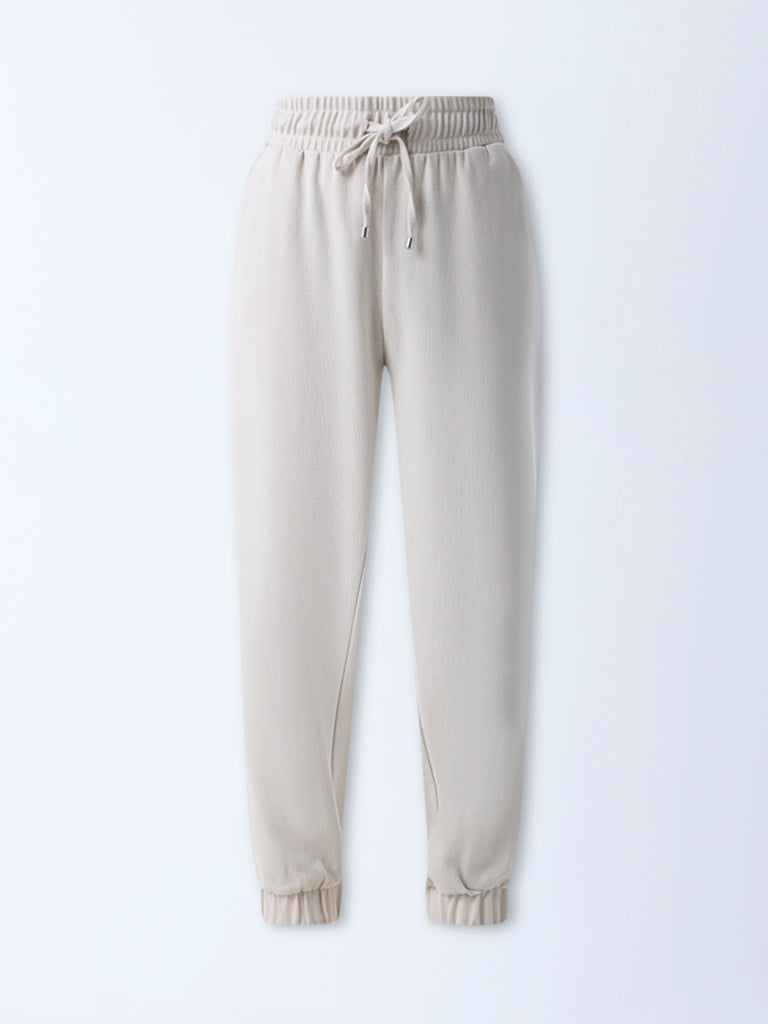 LOV Beige Solid High-Rise Joggers