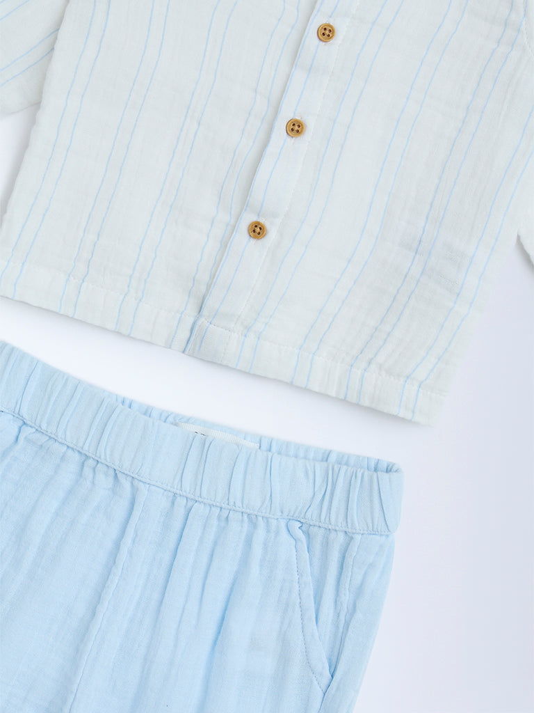 HOP Baby Blue Striped Cotton Shirt and Pants Set