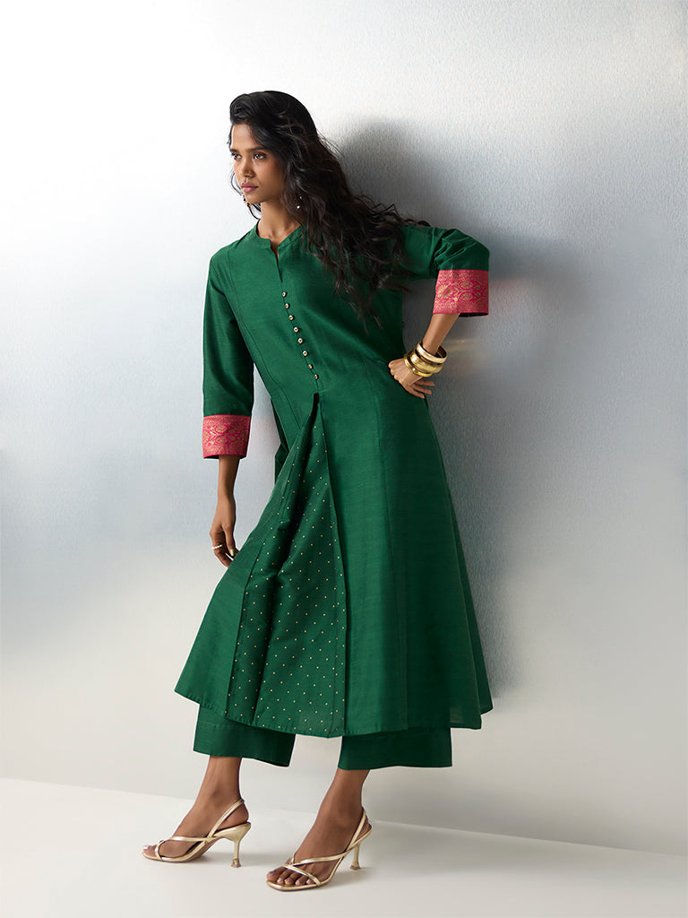 Utsa Green Pleated A-Line Kurta