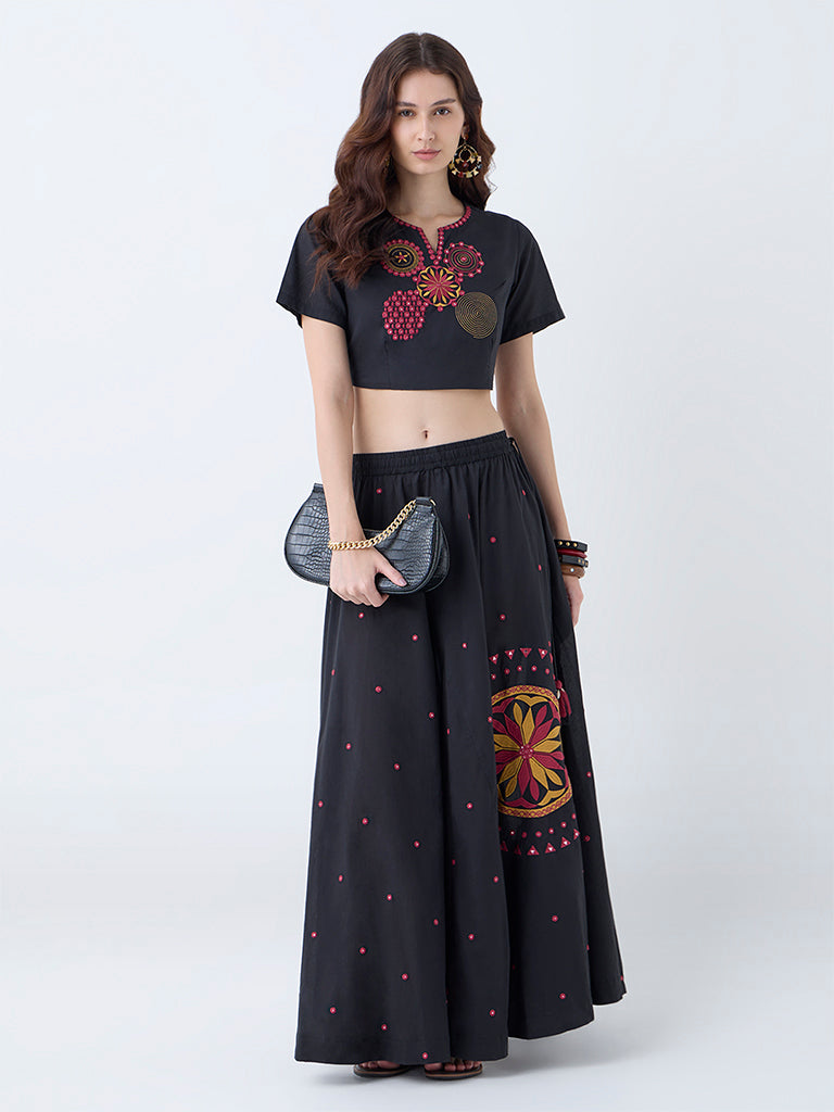 Westside Utsa Women's Black Embroidered Cotton Maxi Skirt for Work Wear Full View