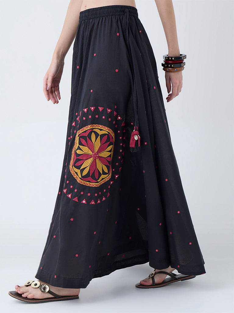 Westside Utsa Women's Black Embroidered Cotton Maxi Skirt for Work Wear Front view