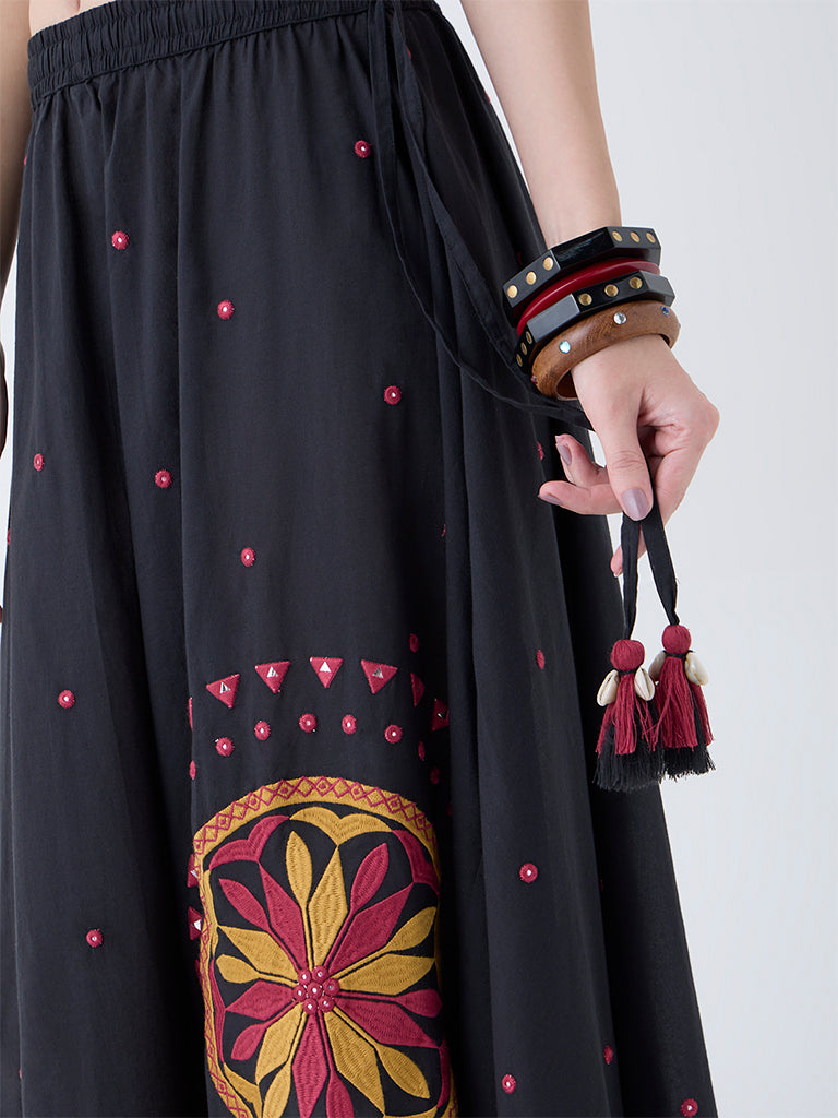 Westside Utsa Women's Black Embroidered Cotton Maxi Skirt for Work Wear Zoomed View