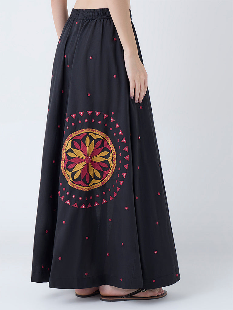Westside Utsa Women's Black Embroidered Cotton Maxi Skirt for Work Wear Back View