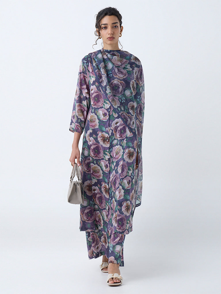 Zuba Purple Floral Detailed Cotton-Blend Dupatta