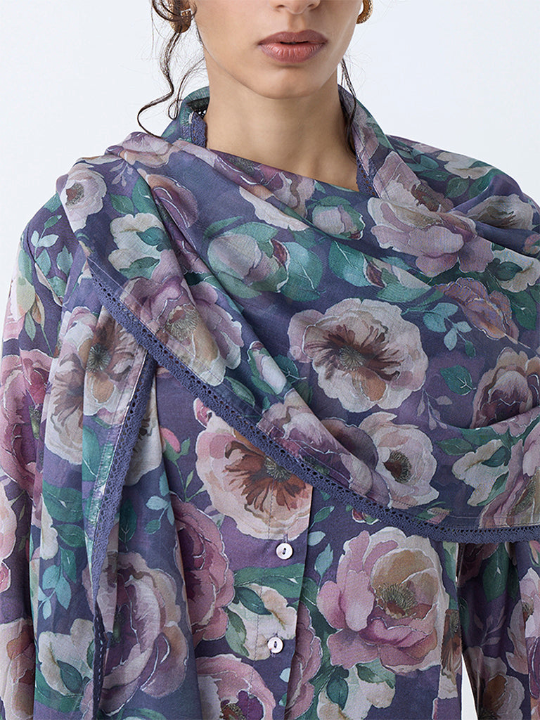 Zuba Purple Floral Detailed Cotton-Blend Dupatta