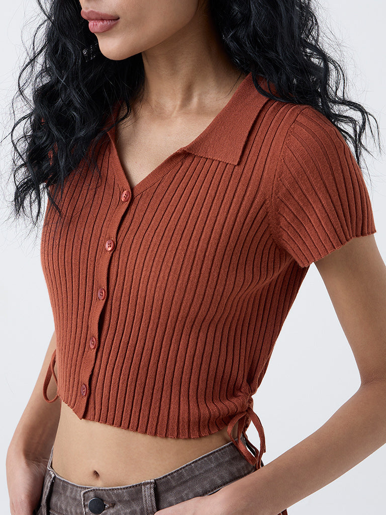 Nuon Brown Ribbed-Textured Top