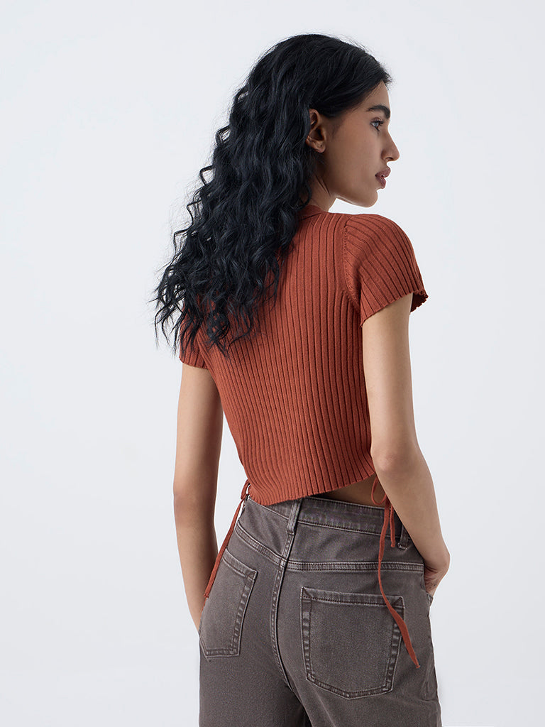 Nuon Brown Ribbed-Textured Top