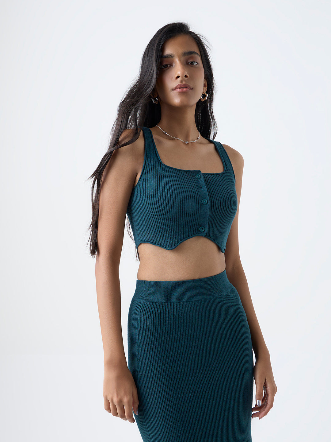 Nuon Teal Ribbed-Textured Top