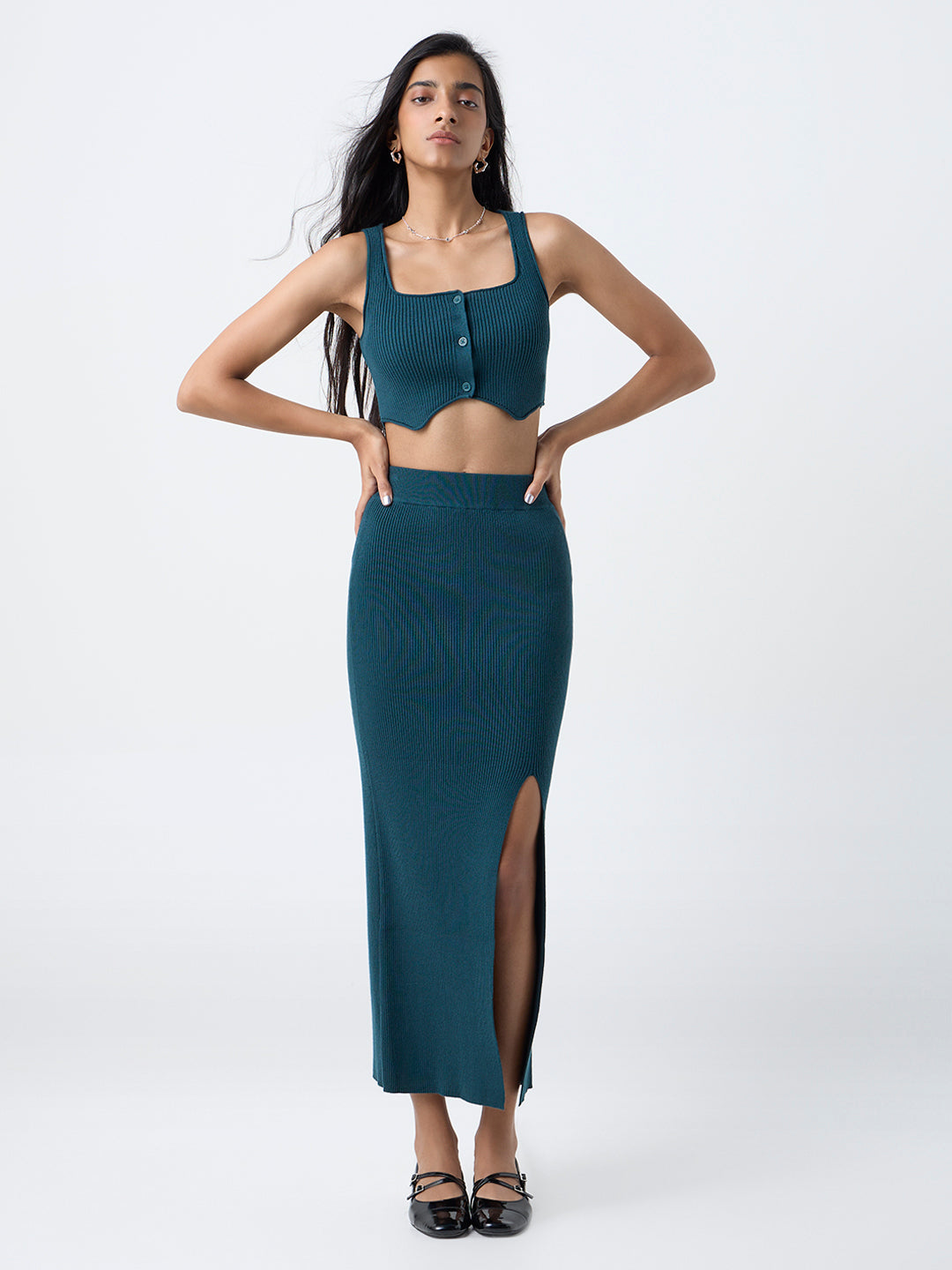 Nuon Teal Ribbed-Textured Top