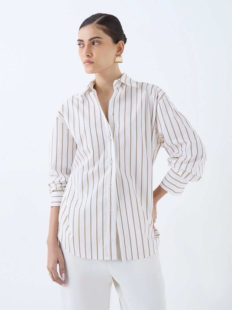 Westside Wardrobe Women's White Striped Shirt for Work Wear Front view