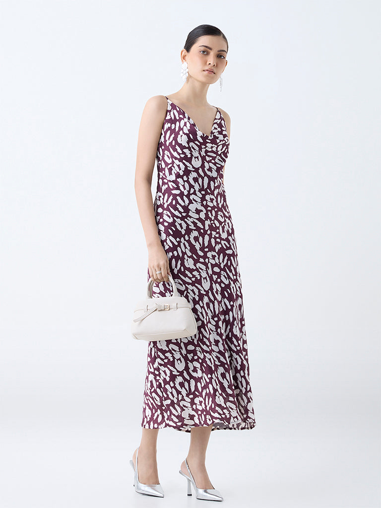Wardrobe Burgundy Printed Cowl-Neck Slip Dress