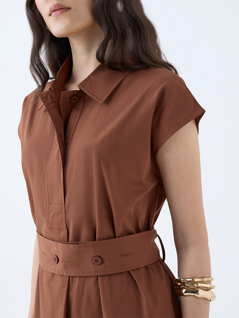 Wardrobe Tan Solid Cotton A-Line Dress with Belt