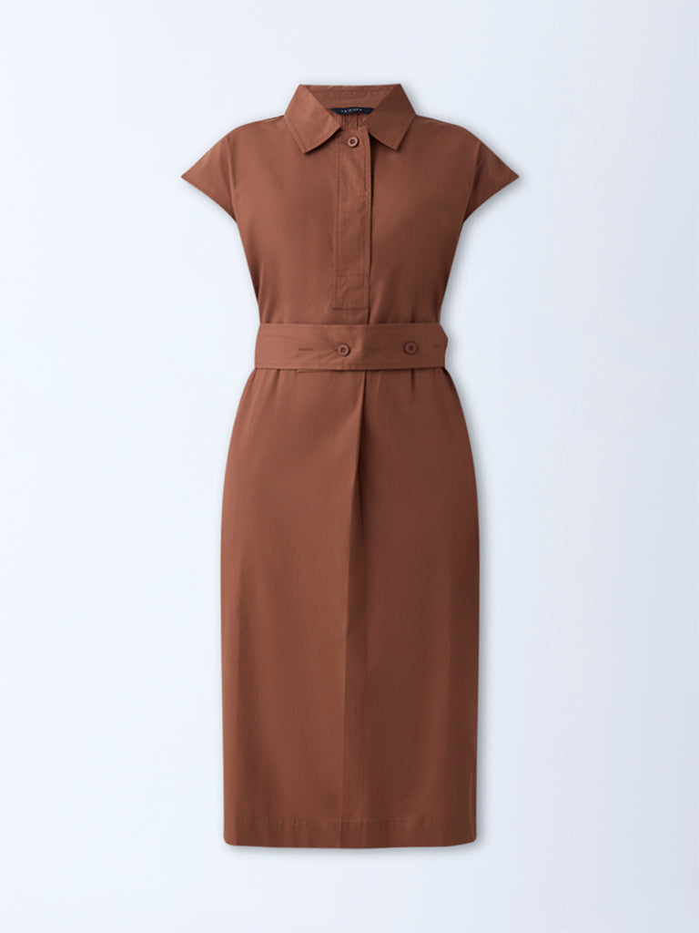 Wardrobe Tan Solid Cotton A-Line Dress with Belt