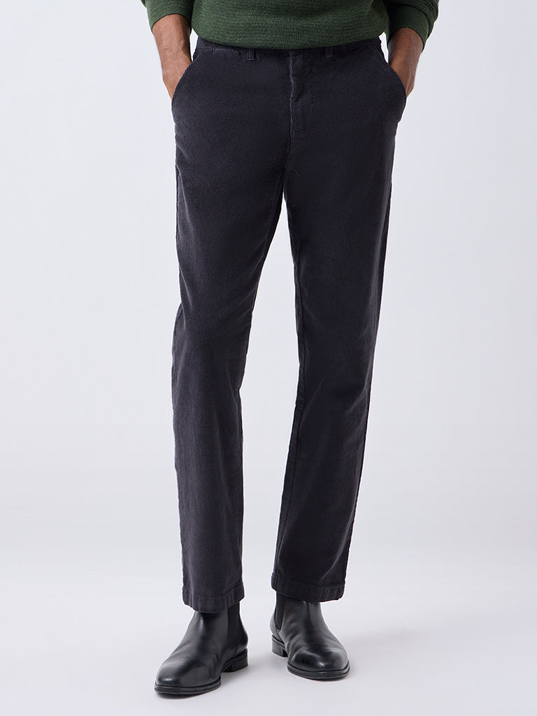 WES Casuals Black Relaxed-Fit Mid-Rise Corduroy Chinos