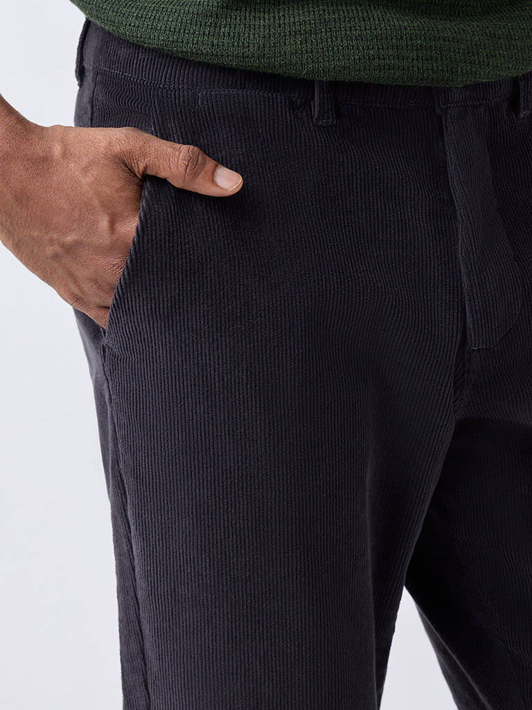 WES Casuals Black Relaxed-Fit Mid-Rise Corduroy Chinos