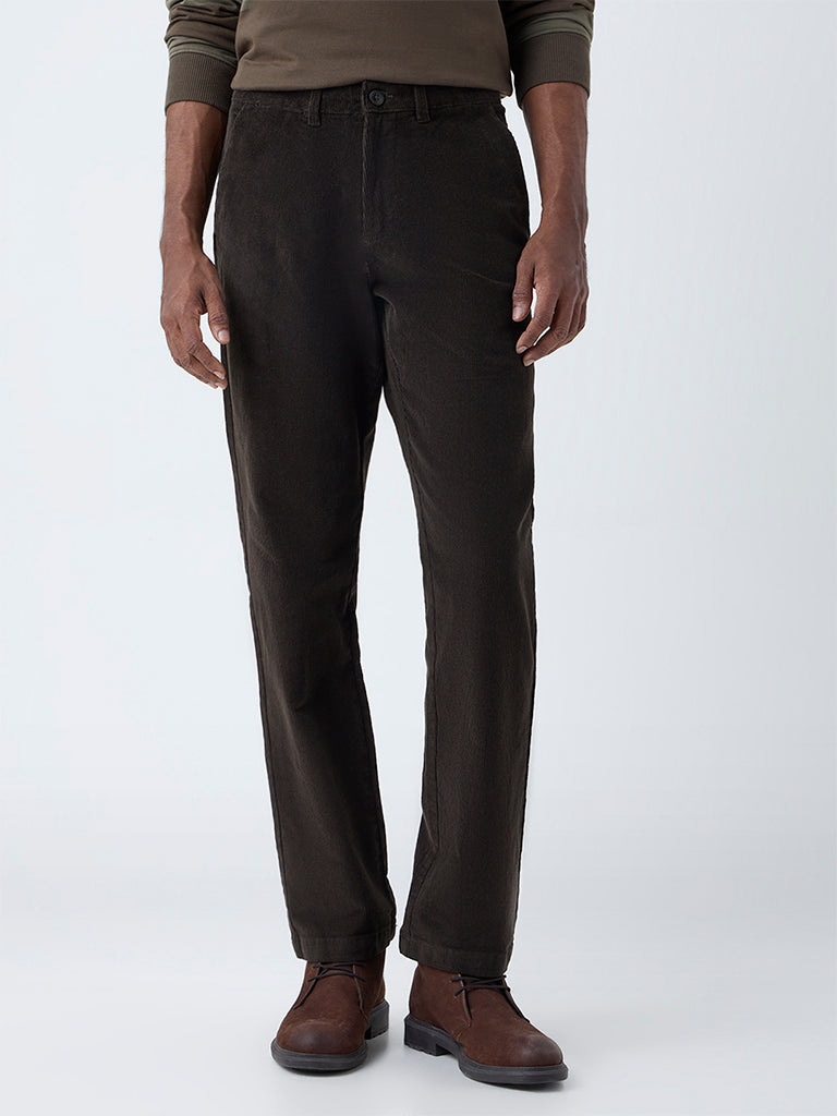 WES Casuals Dark Olive Relaxed Fit Mid-Rise Corduroy Chinos