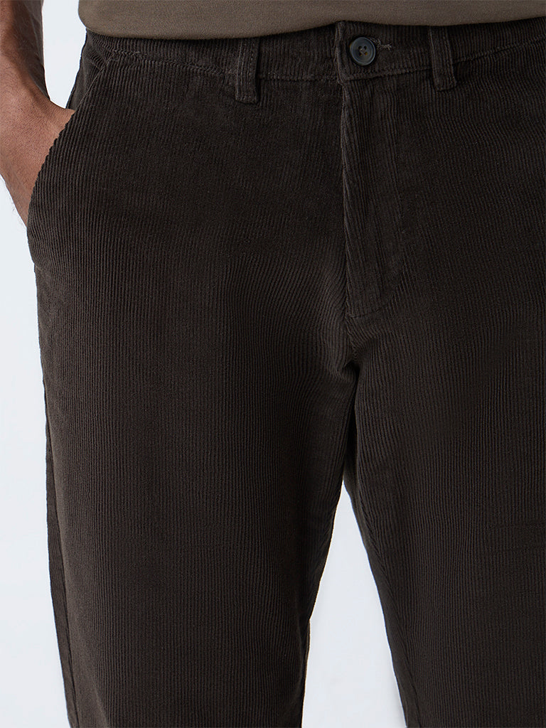 WES Casuals Dark Olive Relaxed Fit Mid-Rise Corduroy Chinos