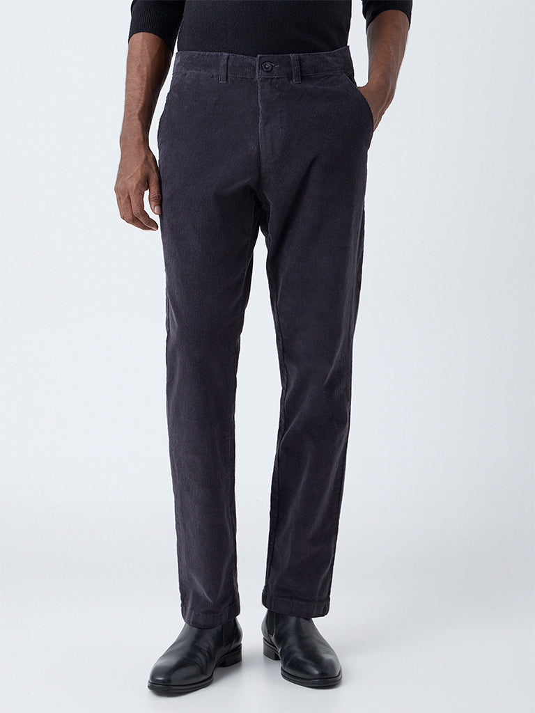WES Casuals Dark Grey Relaxed-Fit Mid-Rise Corduroy Chinos
