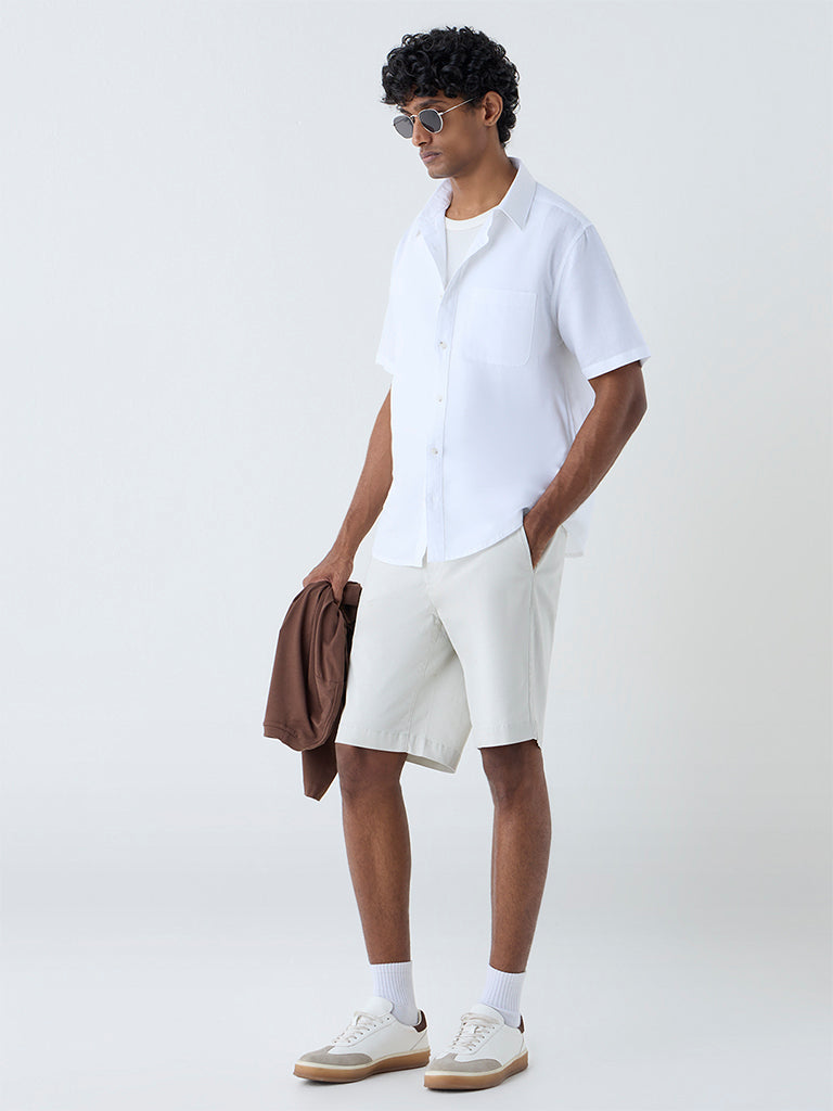 WES Casuals White Solid Relaxed-Fit Linen-Blend Shirt
