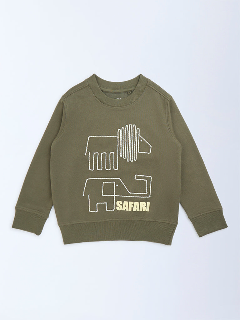 HOP Kids Boys Olive Embroidered Cotton-Blend Sweatshirt