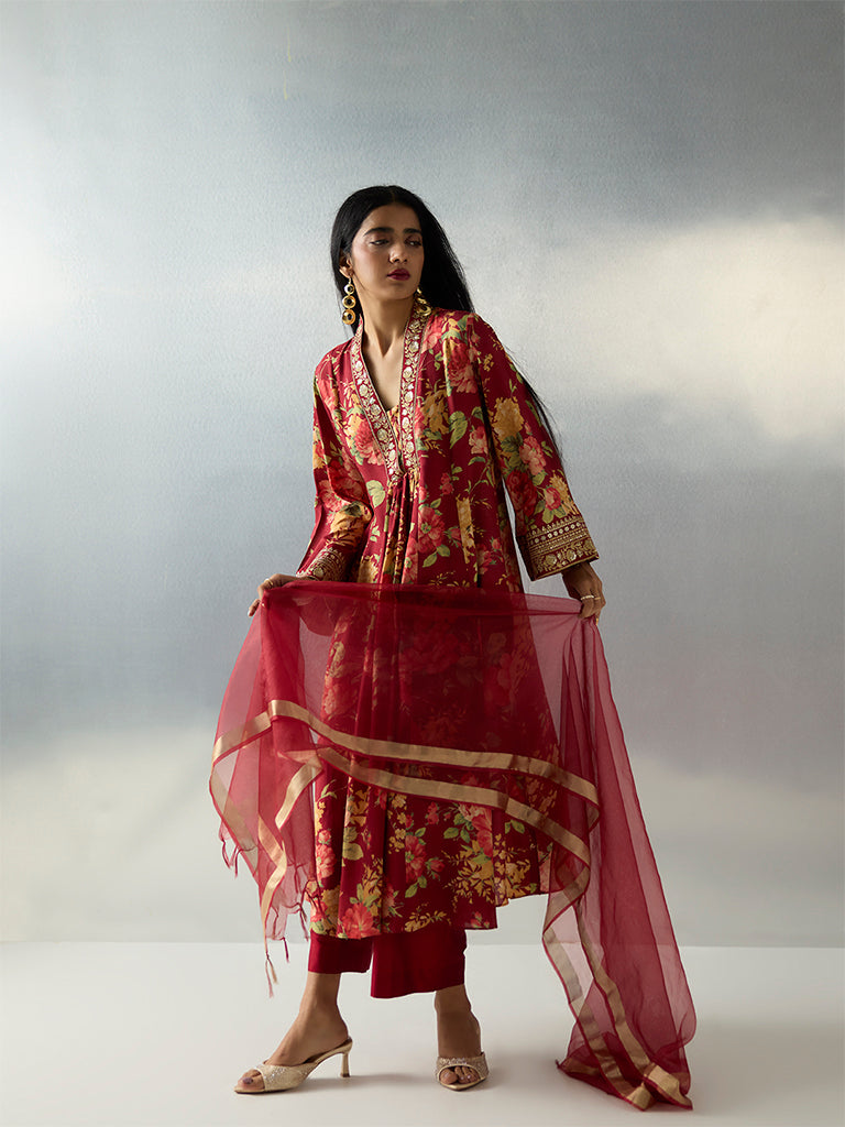 Vark Red Floral Design Anarkali Ethnic Set