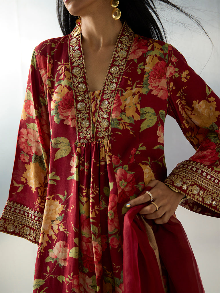 Vark Red Floral Design Anarkali Ethnic Set