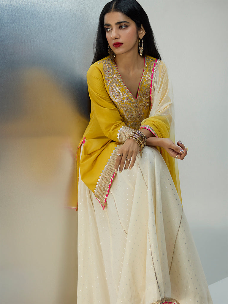 Vark Mustard Paisley Embellished A-Line Ethnic Set