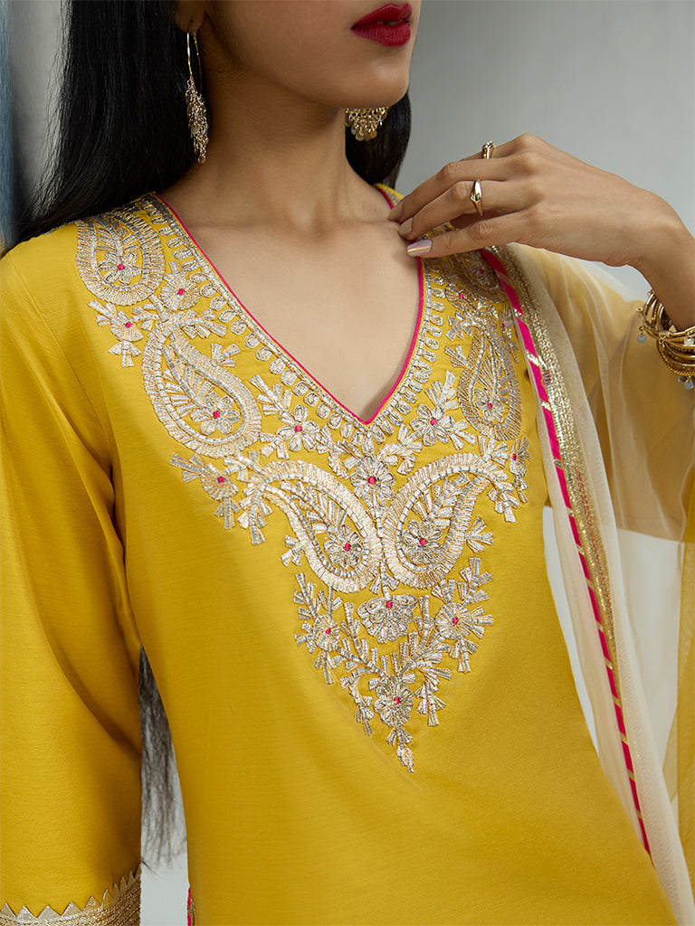 Vark Mustard Paisley Embellished A-Line Ethnic Set