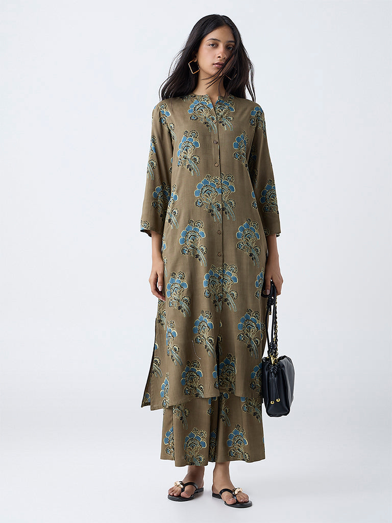 Utsa Olive Floral Pattern A-Line Kurta