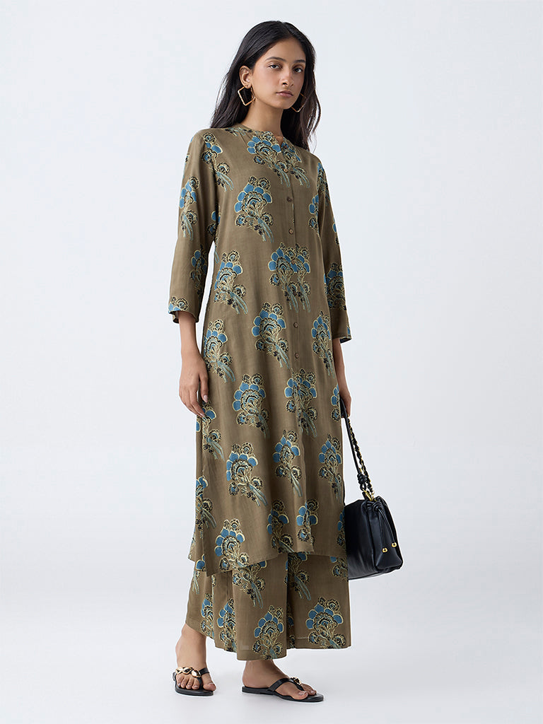 Utsa Olive Floral Pattern A-Line Kurta