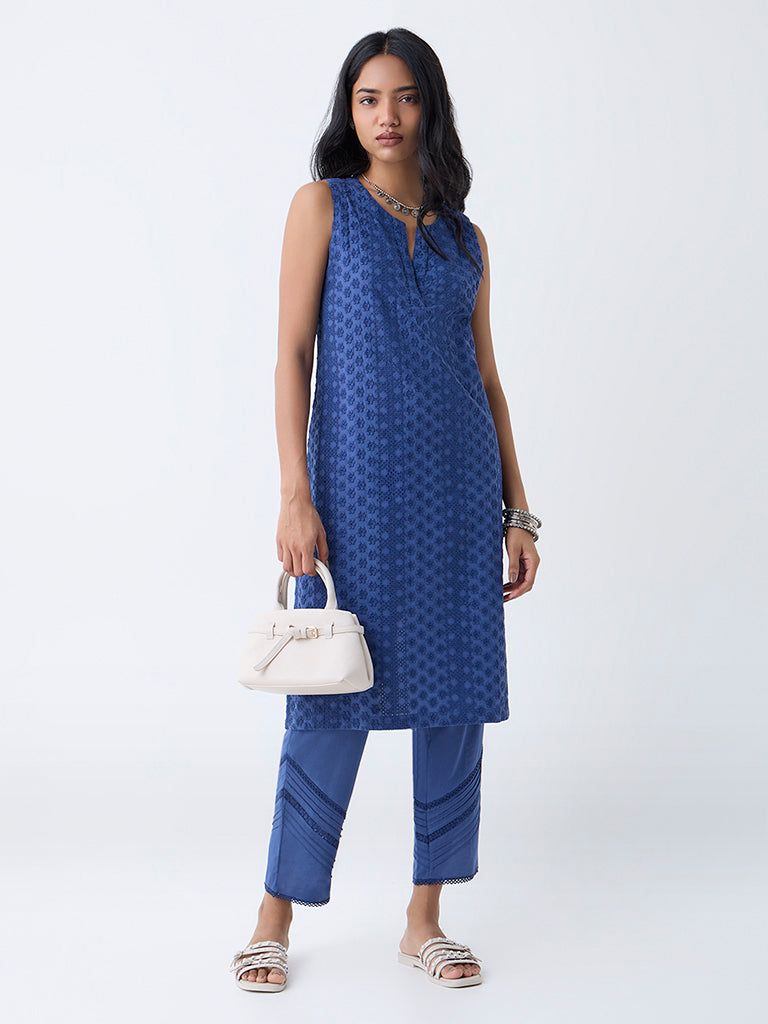 Utsa Indigo Floral Embroidered Cotton Straight Kurta