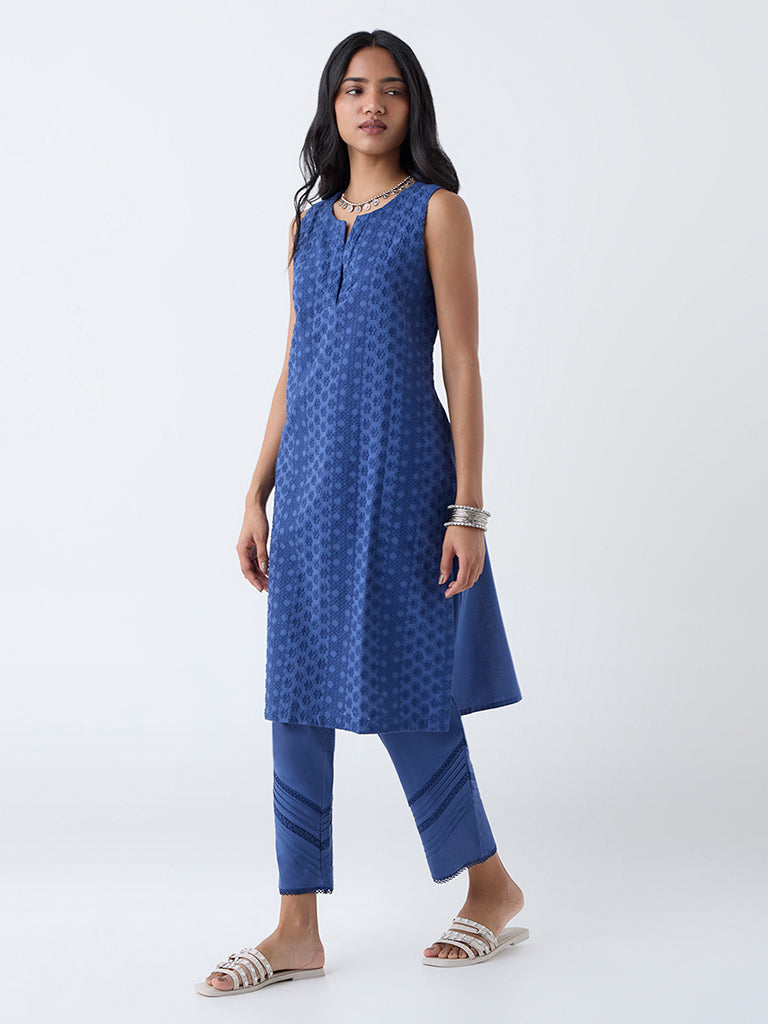 Utsa Indigo Floral Embroidered Cotton Straight Kurta