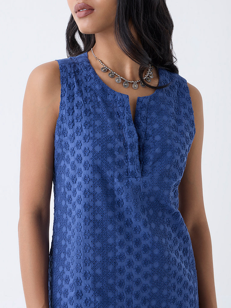 Utsa Indigo Floral Embroidered Cotton Straight Kurta