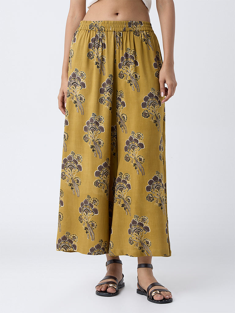 Utsa Mustard Floral Pattern Palazzos